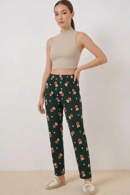Kadın Desenli Zümrüt Yeşili Pijama Altı