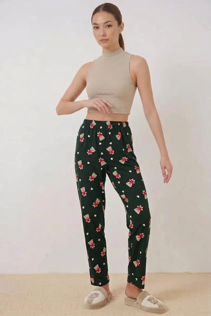 Kadın Desenli Zümrüt Yeşili Pijama Altı