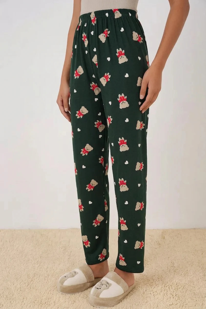 Kadın Desenli Zümrüt Yeşili Pijama Altı