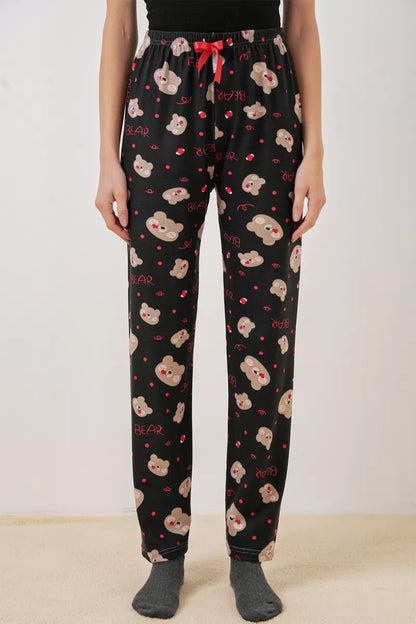 Kadın Belden Büzgülü Ayı Desenli Siyah Pijama Altı