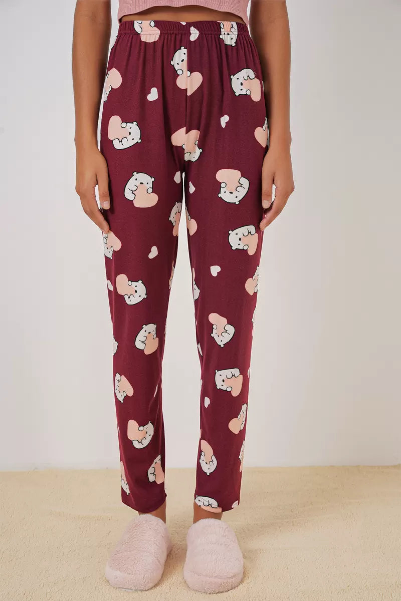 Kadın Desenli Bordo Pijama Altı