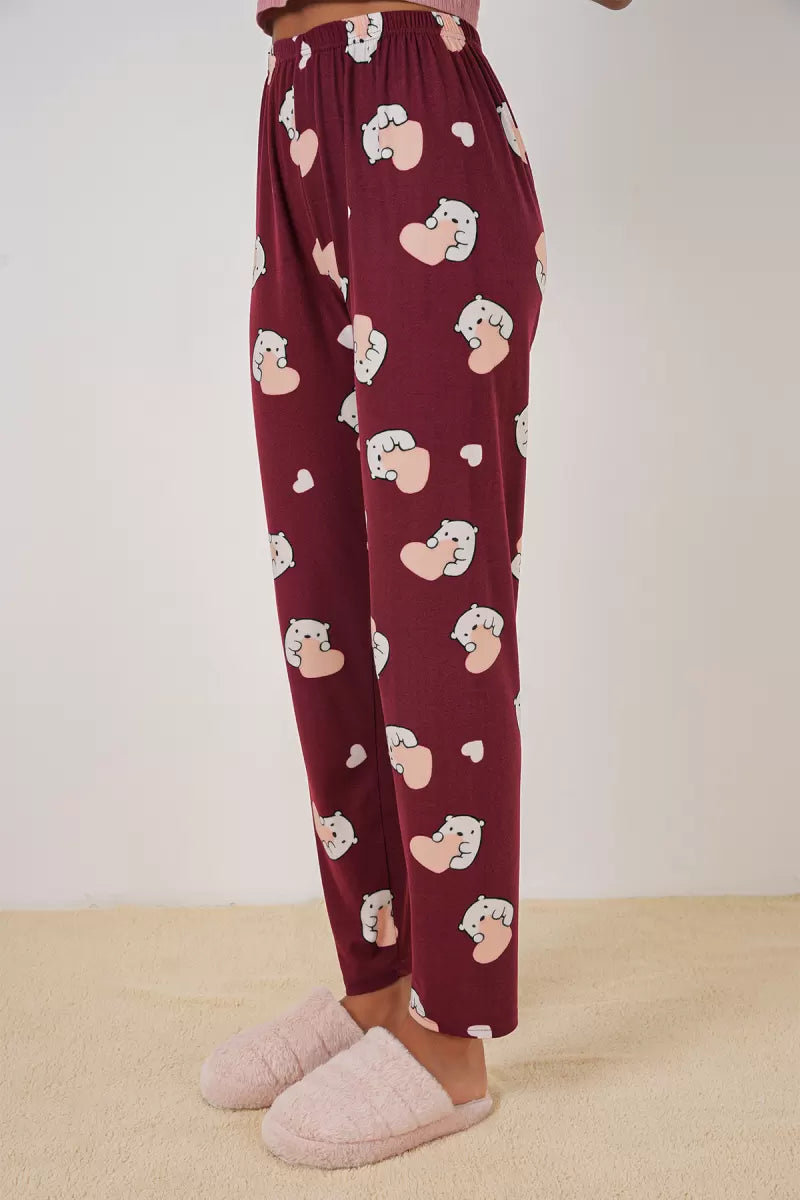 Kadın Desenli Bordo Pijama Altı