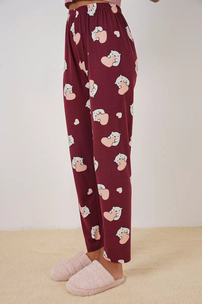 Kadın Desenli Bordo Pijama Altı
