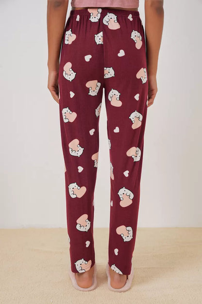 Kadın Desenli Bordo Pijama Altı