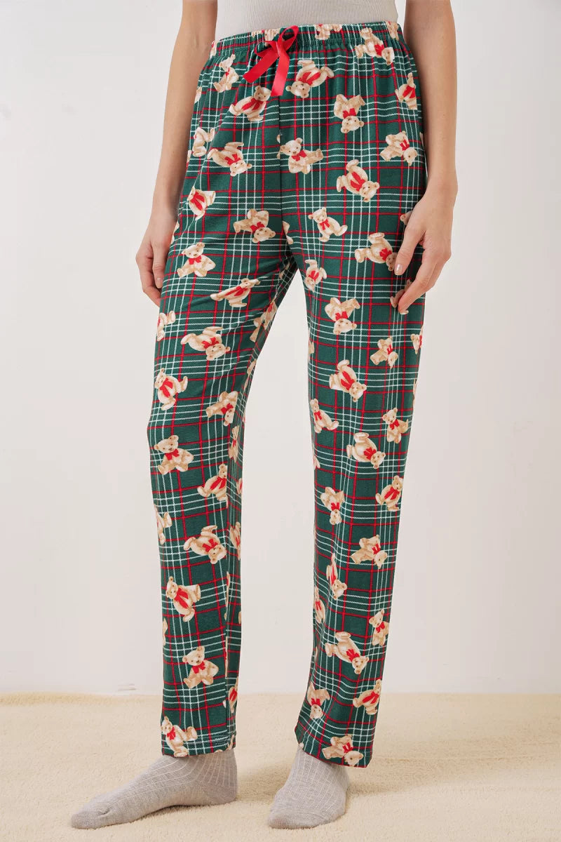 Kadın Beli Büzgülü Kareli Desenli Zümrüt Yeşili Pijama Altı