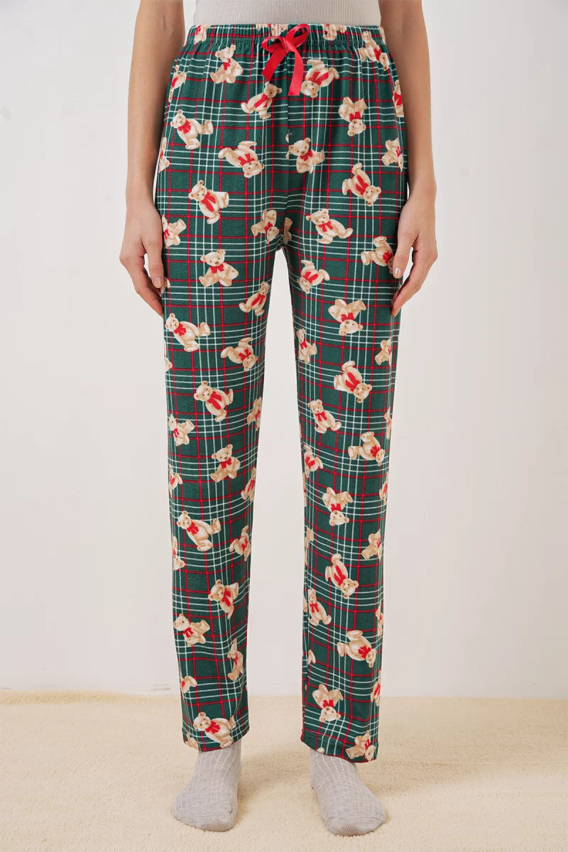 Kadın Beli Büzgülü Kareli Desenli Zümrüt Yeşili Pijama Altı