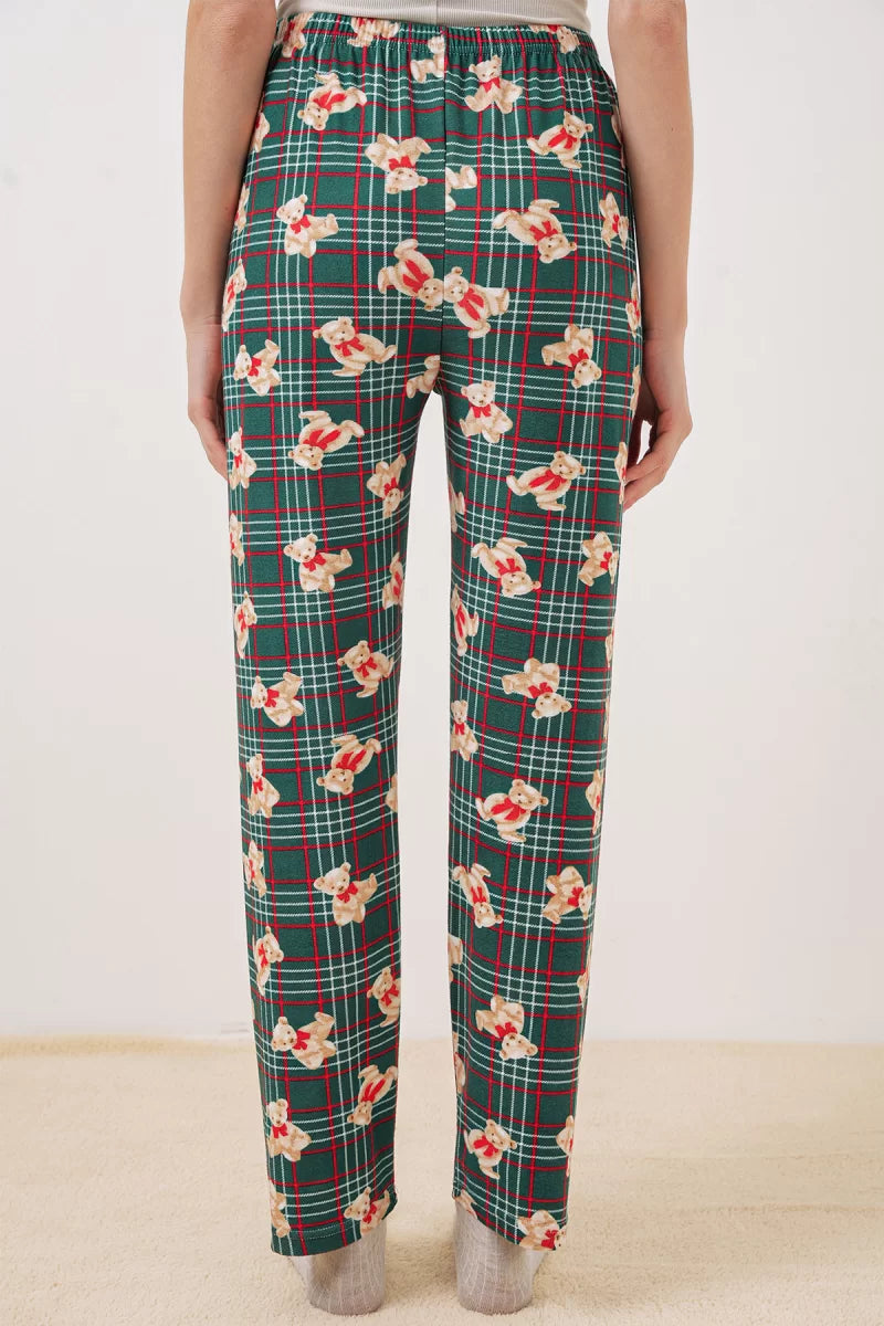 Kadın Beli Büzgülü Kareli Desenli Zümrüt Yeşili Pijama Altı