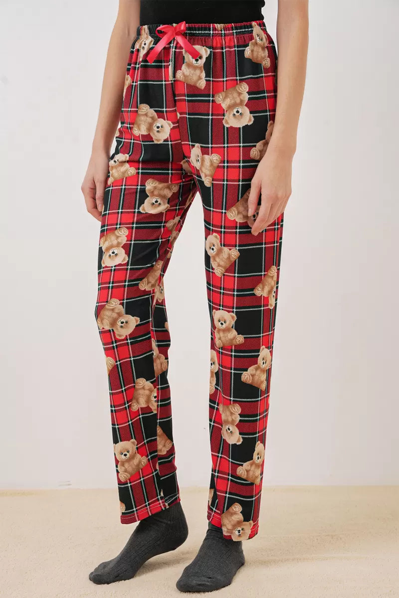 Kadın Normal Bel Kareli Desenli Kırmızı Pijama Altı