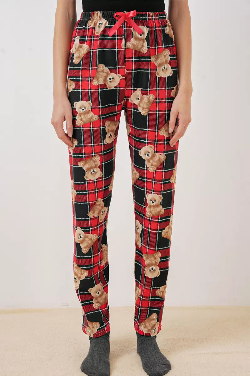 Kadın Normal Bel Kareli Desenli Kırmızı Pijama Altı