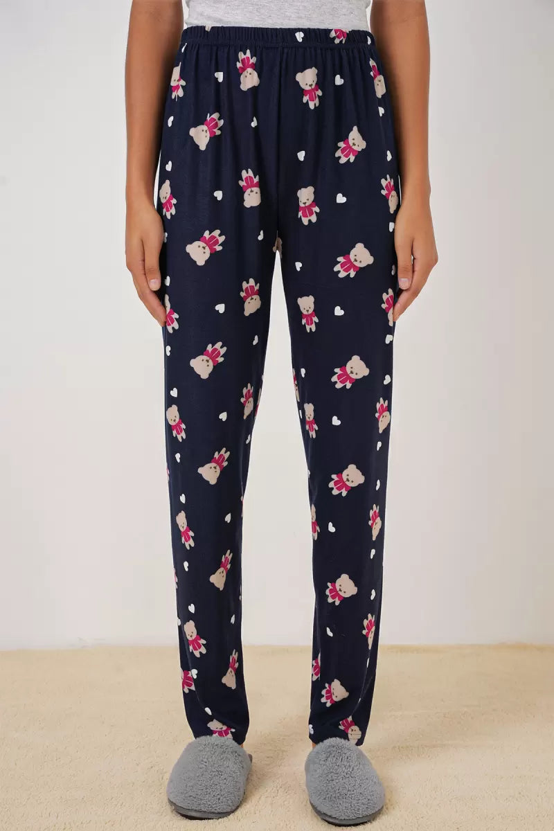 Kadın Lastikli Bel Ayı Desenli Lacivert Pijama Altı