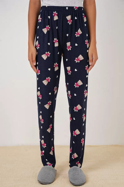 Kadın Lastikli Bel Ayı Desenli Lacivert Pijama Altı