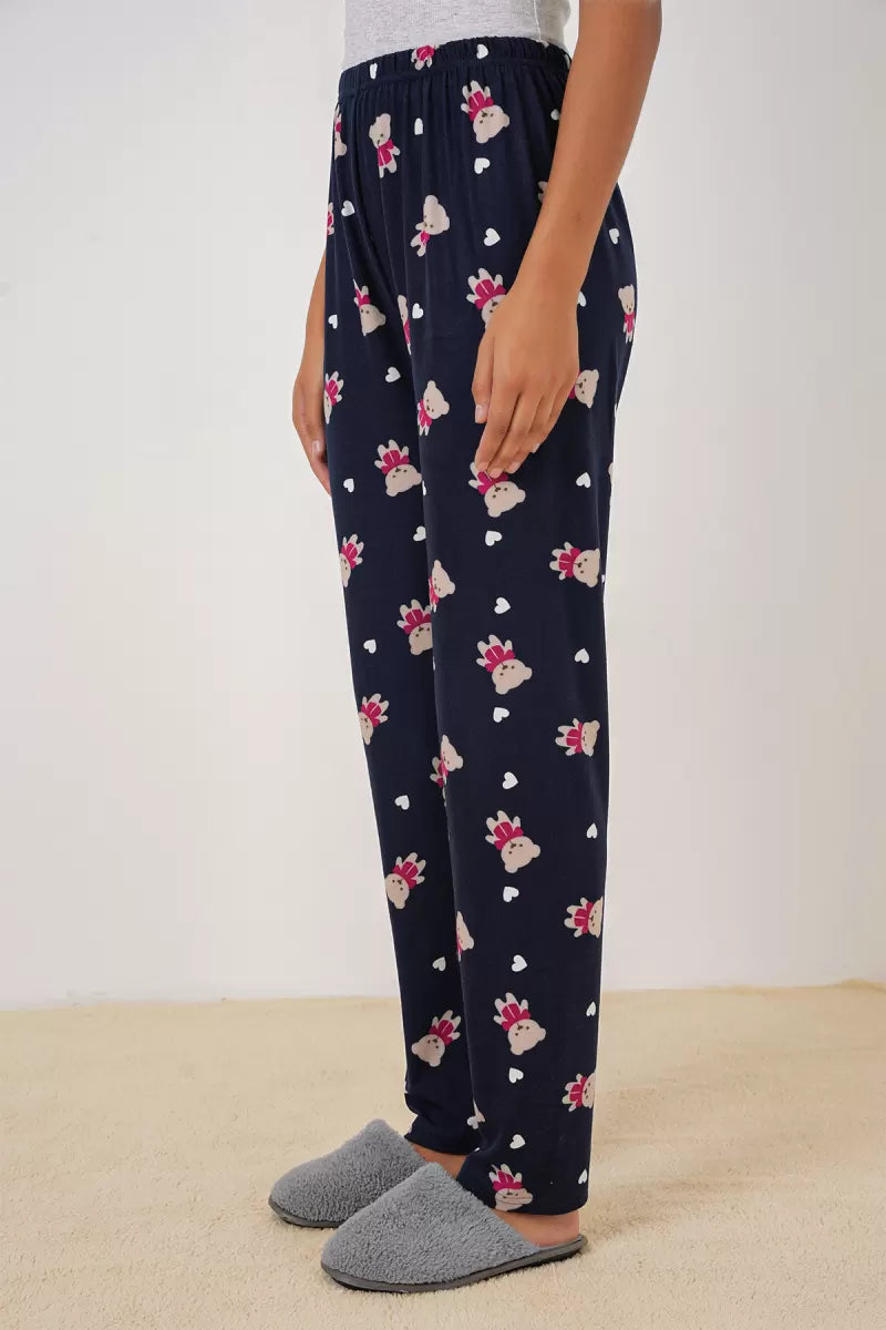 Kadın Lastikli Bel Ayı Desenli Lacivert Pijama Altı