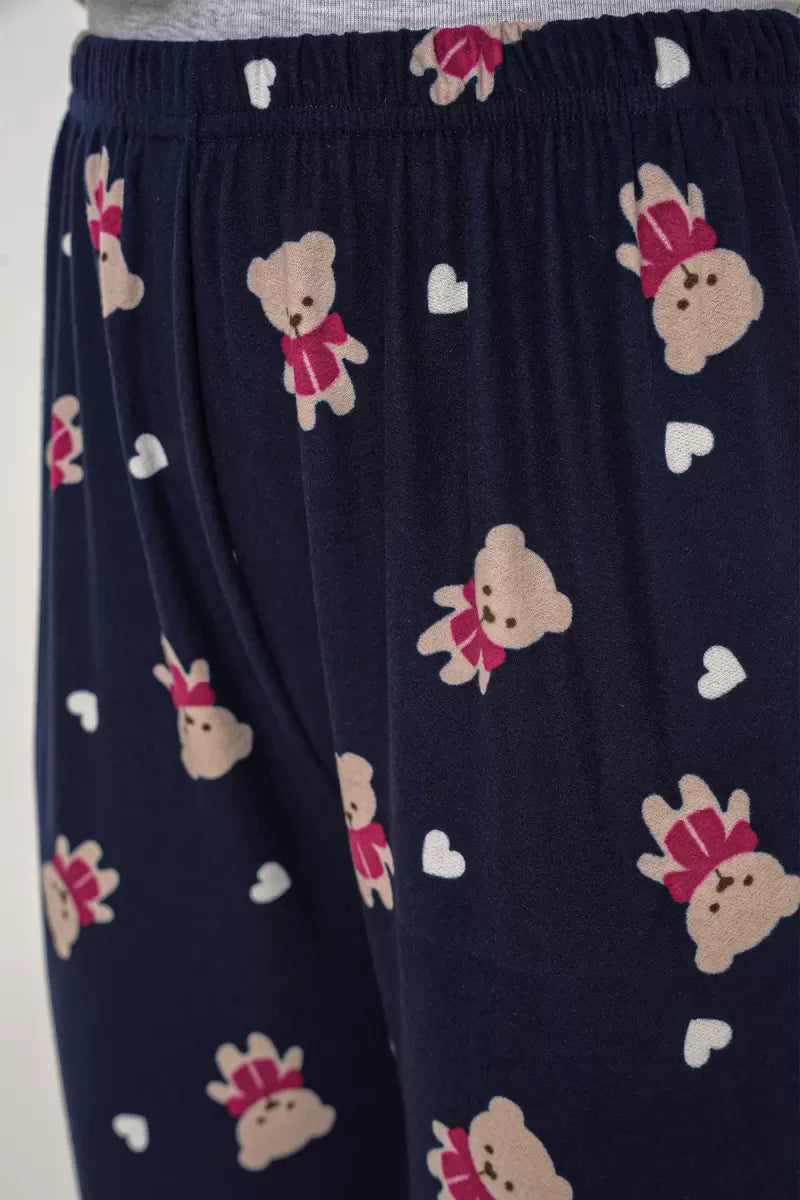 Kadın Lastikli Bel Ayı Desenli Lacivert Pijama Altı