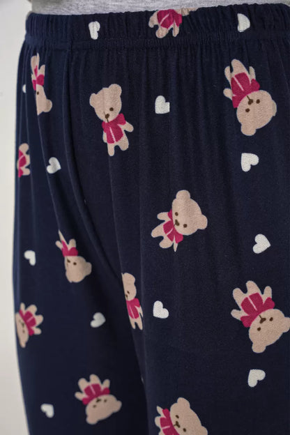 Kadın Lastikli Bel Ayı Desenli Lacivert Pijama Altı