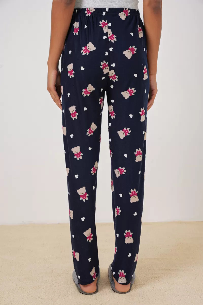 Kadın Lastikli Bel Ayı Desenli Lacivert Pijama Altı