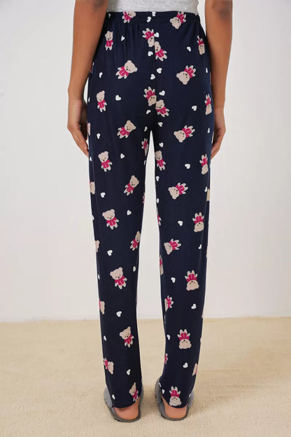 Kadın Lastikli Bel Ayı Desenli Lacivert Pijama Altı