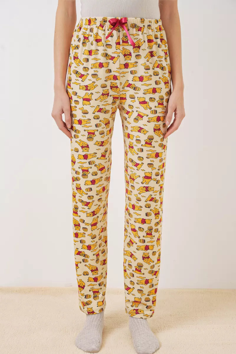 Kadın Beli Büzgülü Desenli Krem Pijama Altı