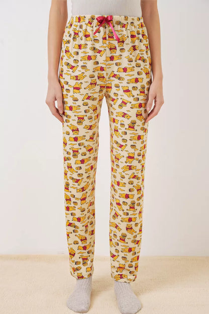 Kadın Beli Büzgülü Desenli Krem Pijama Altı