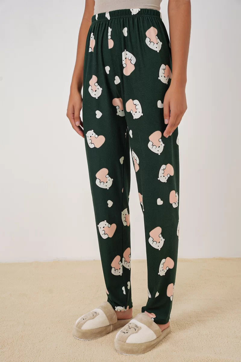 Kadın Bel Lastikli Desenli Zümrüt Pijama Altı