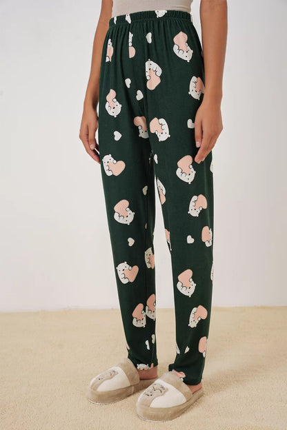 Kadın Bel Lastikli Desenli Zümrüt Pijama Altı