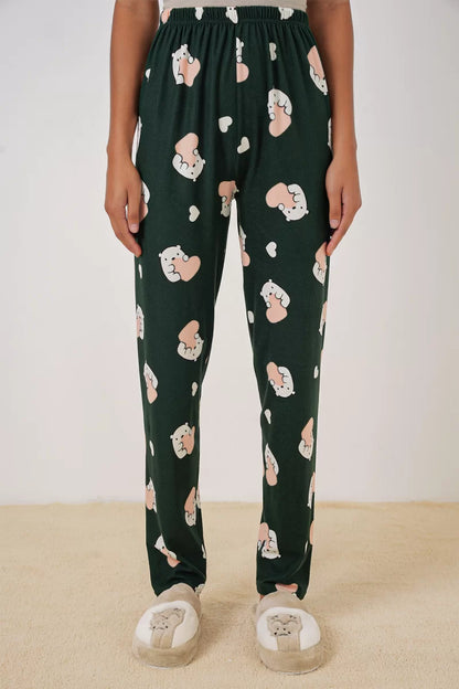 Kadın Bel Lastikli Desenli Zümrüt Pijama Altı