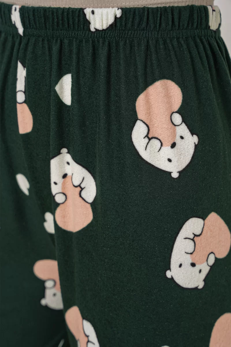 Kadın Bel Lastikli Desenli Zümrüt Pijama Altı