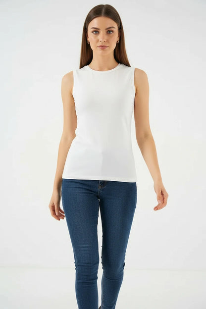 Kadın Yuvarlak Yaka Kolsuz Viskon Ekru Body