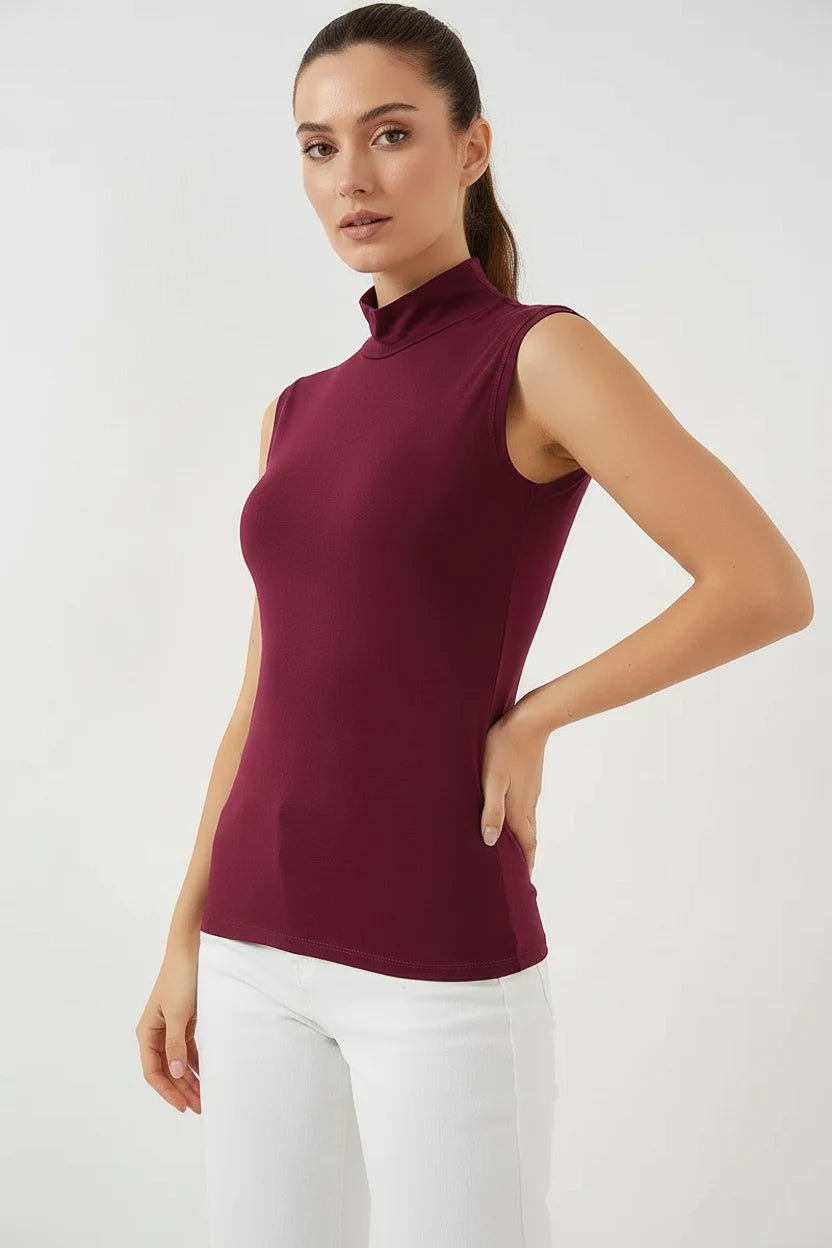 Kadın Balıkçı Yaka Kolsuz Viskon Bordo Body