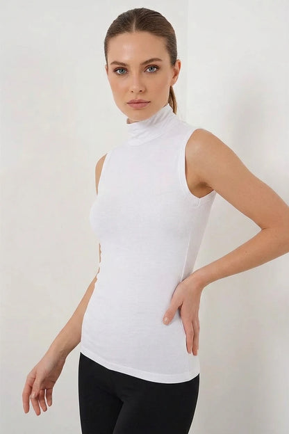 Kadın Balıkçı Yaka Kolsuz Viskon Beyaz Body