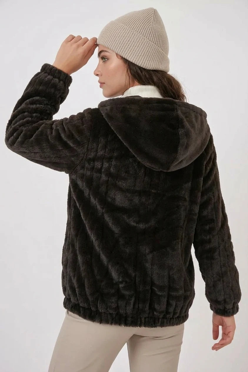Kadın Kapüşonlu Beli Büzgülü Kürklü Mont