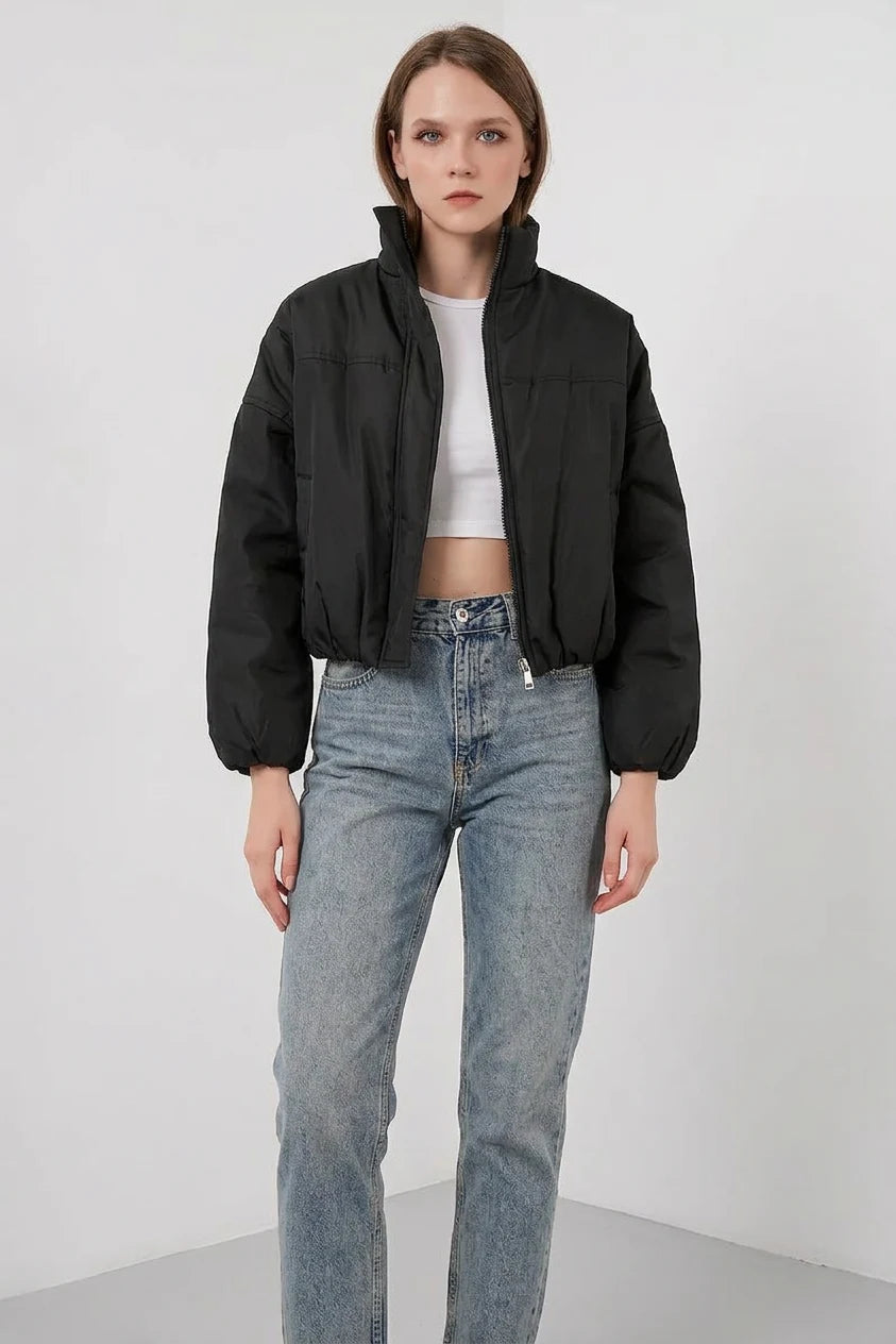Kadın Dik Yaka Belden Büzgülü Oversize Bomber Siyah Mont