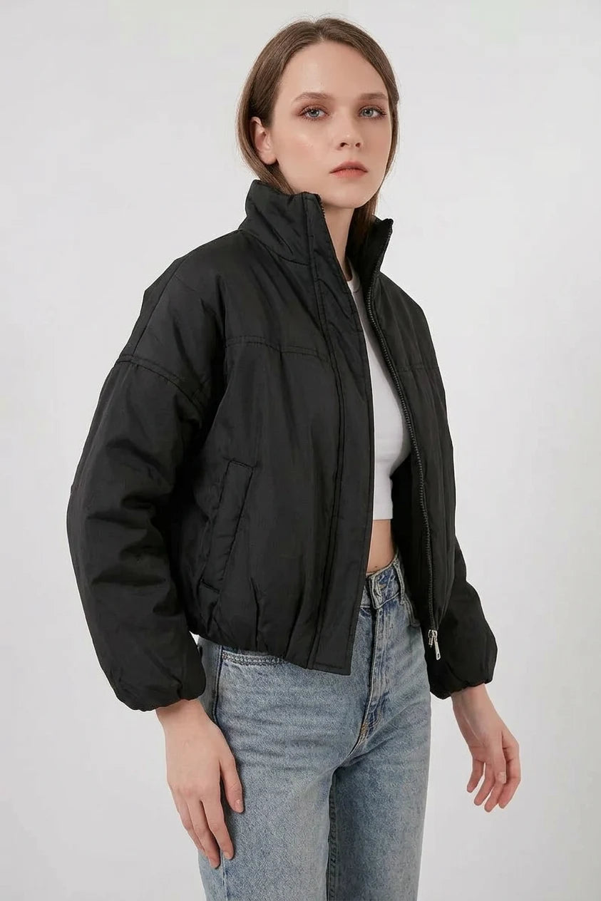 Kadın Dik Yaka Belden Büzgülü Oversize Bomber Siyah Mont