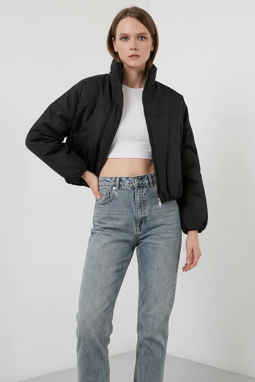 Kadın Dik Yaka Belden Büzgülü Oversize Bomber Siyah Mont