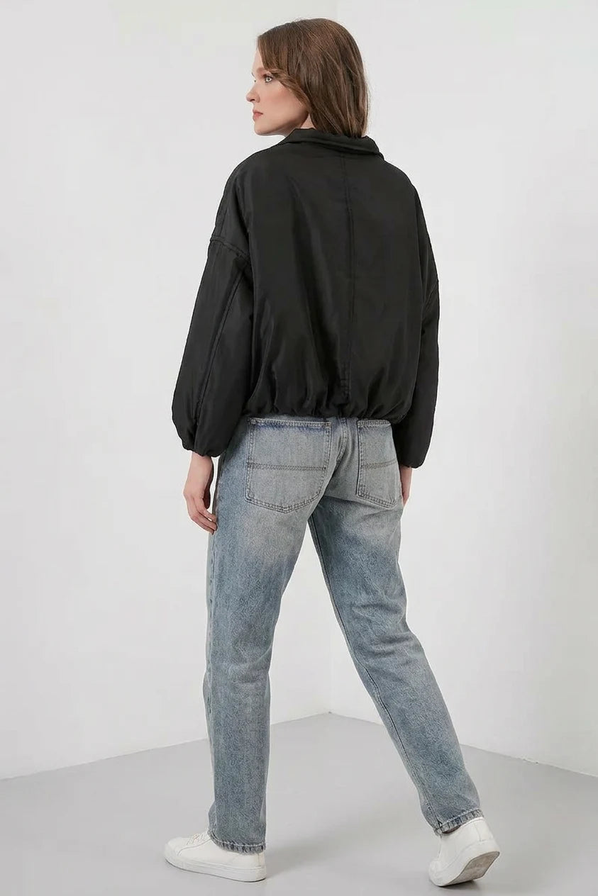 Kadın Dik Yaka Belden Büzgülü Oversize Bomber Siyah Mont