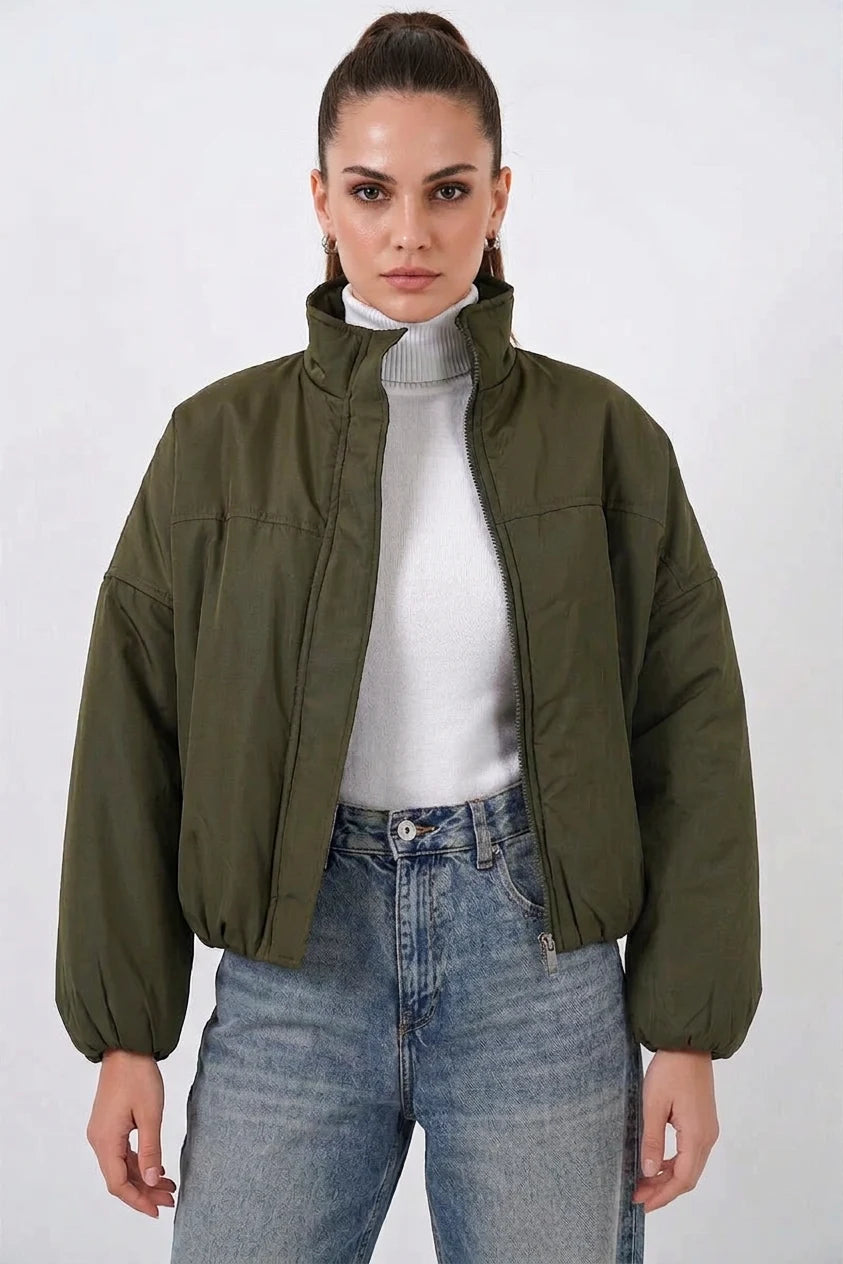 Kadın Yüksek Yaka Bomber Şişme Oversize Haki Mont