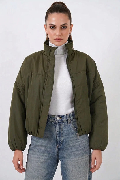 Kadın Yüksek Yaka Bomber Şişme Oversize Haki Mont