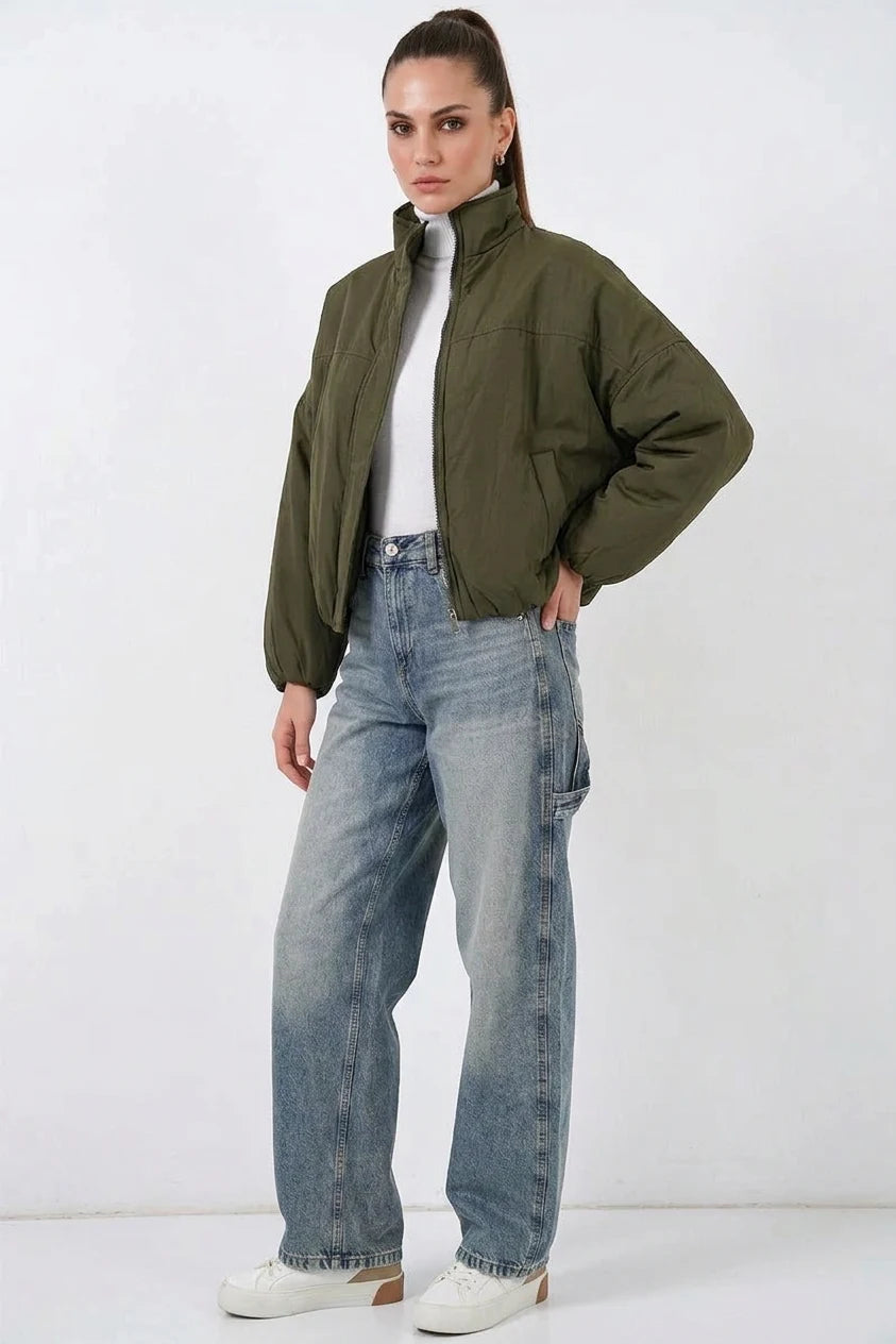 Kadın Yüksek Yaka Bomber Şişme Oversize Haki Mont
