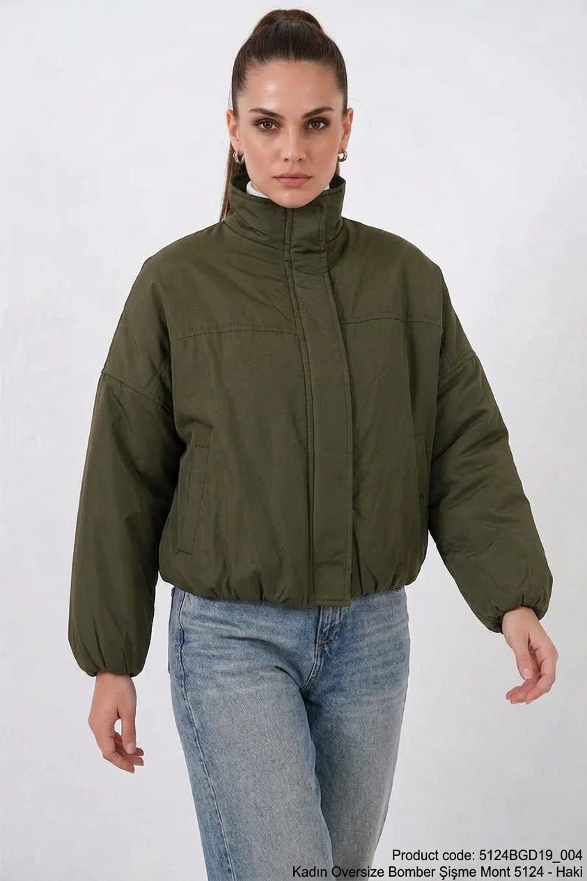 Kadın Yüksek Yaka Bomber Şişme Oversize Haki Mont