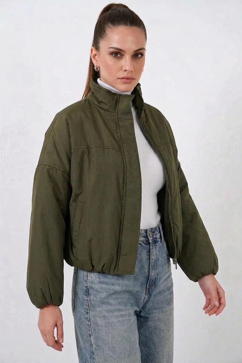 Kadın Yüksek Yaka Bomber Şişme Oversize Haki Mont