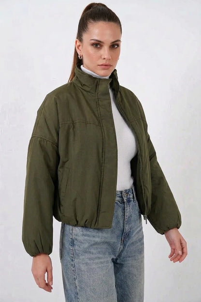 Kadın Yüksek Yaka Bomber Şişme Oversize Haki Mont