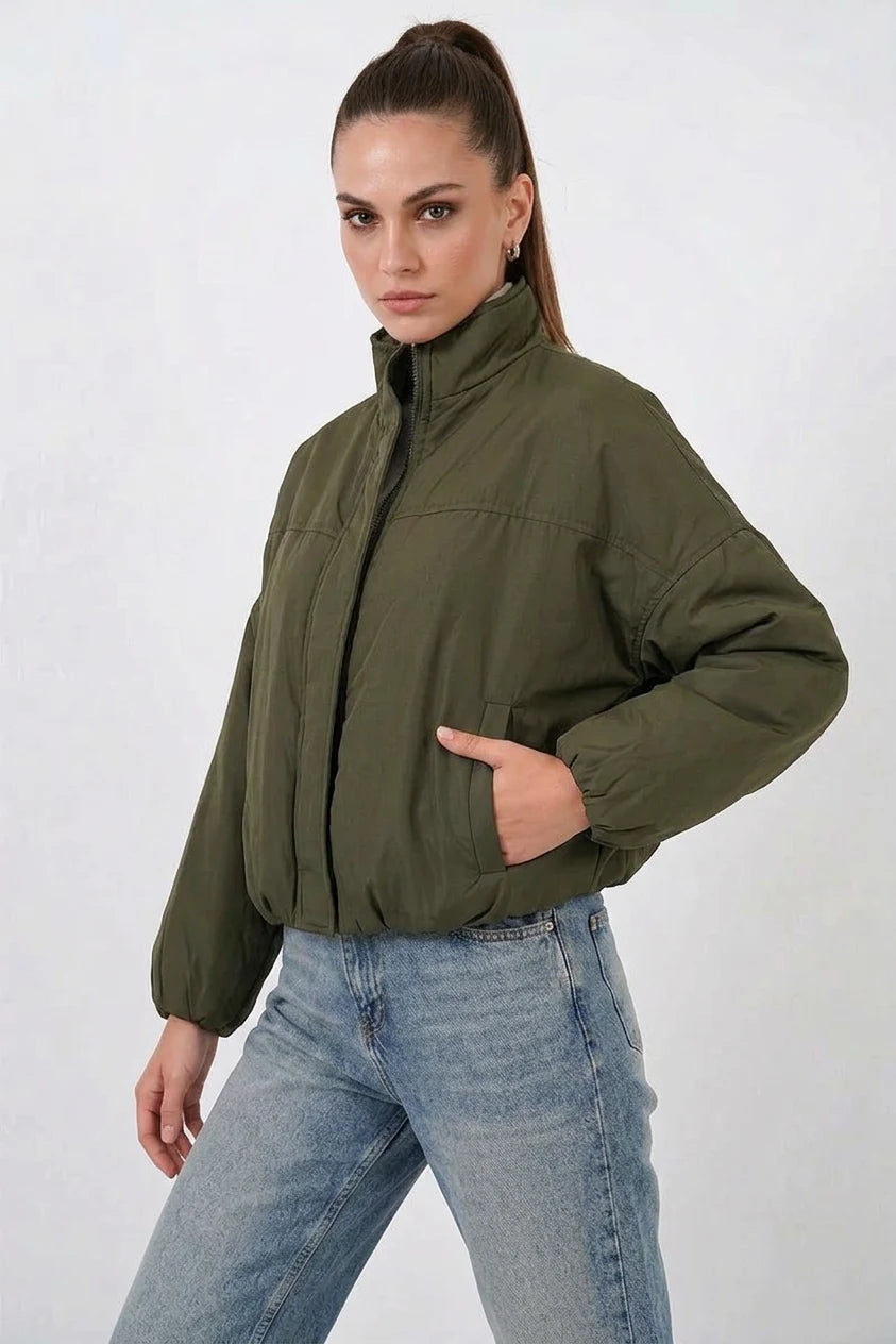 Kadın Yüksek Yaka Bomber Şişme Oversize Haki Mont