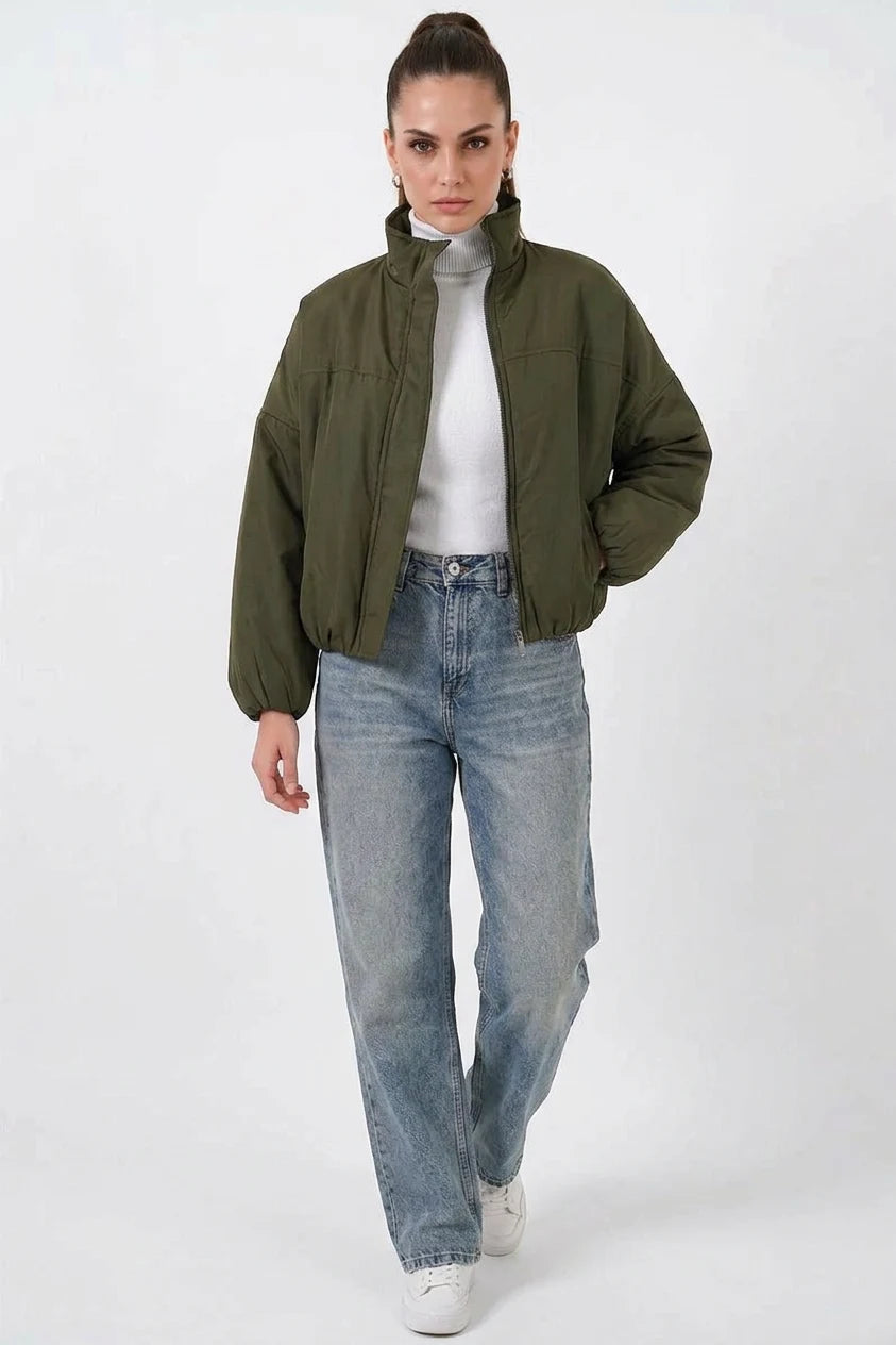 Kadın Yüksek Yaka Bomber Şişme Oversize Haki Mont