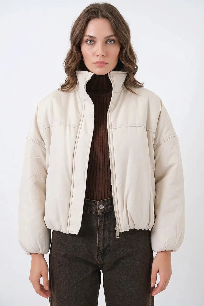 Kadın Yüksek Yaka Oversize Bomber Ekru Mont