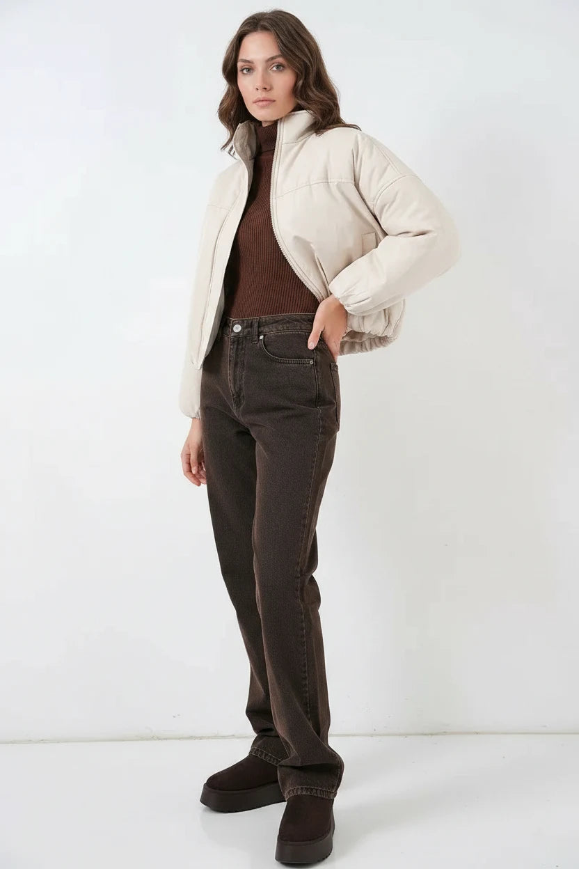 Kadın Yüksek Yaka Oversize Bomber Ekru Mont