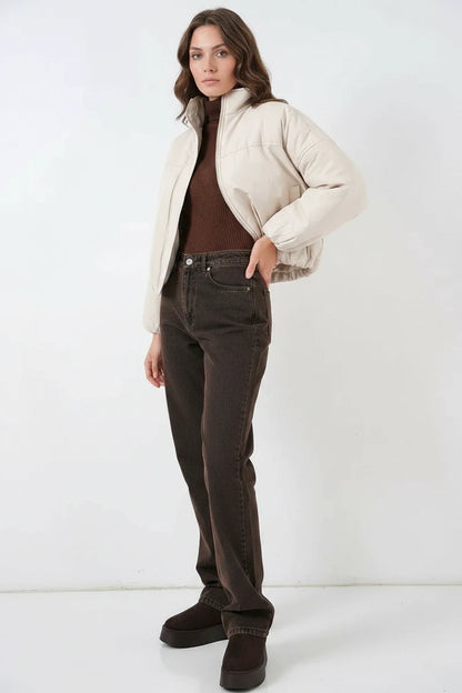 Kadın Yüksek Yaka Oversize Bomber Ekru Mont