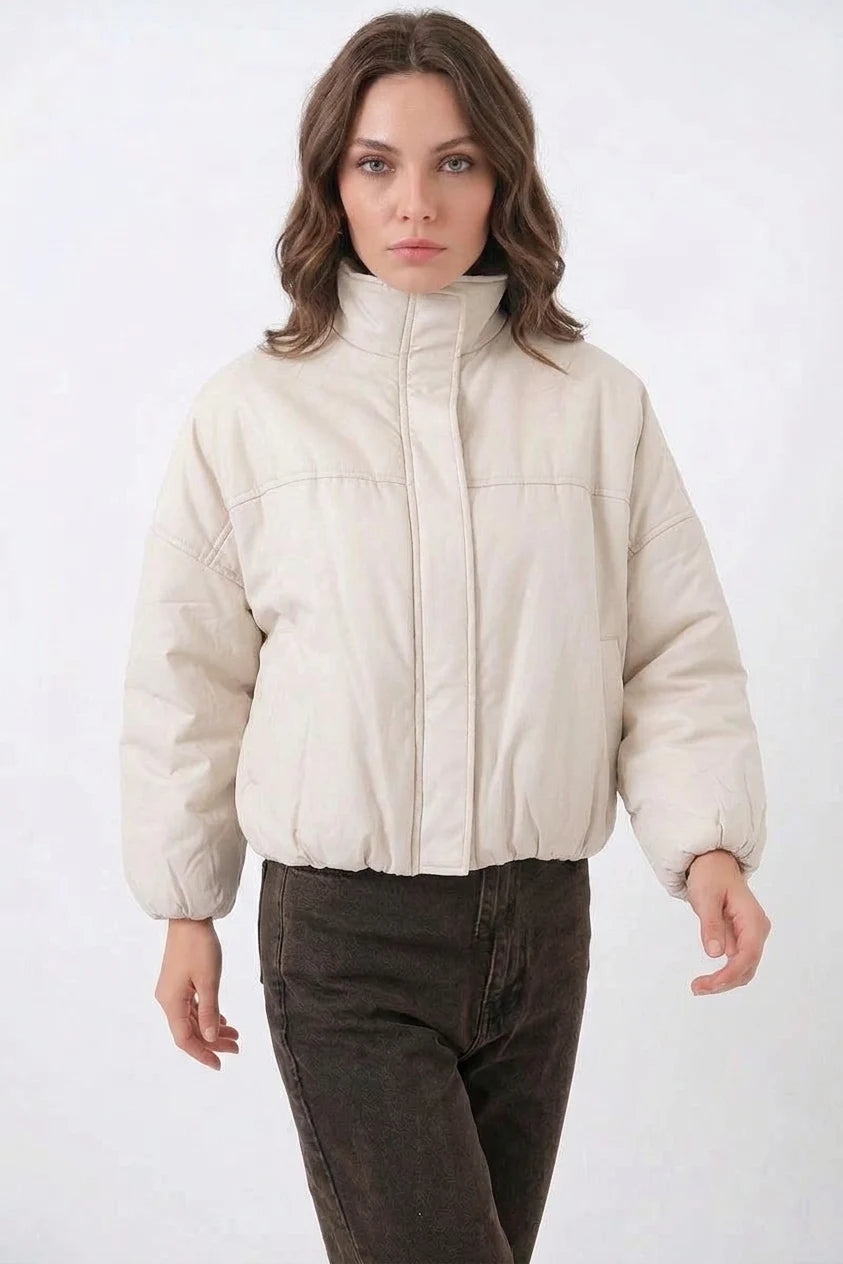 Kadın Yüksek Yaka Oversize Bomber Ekru Mont