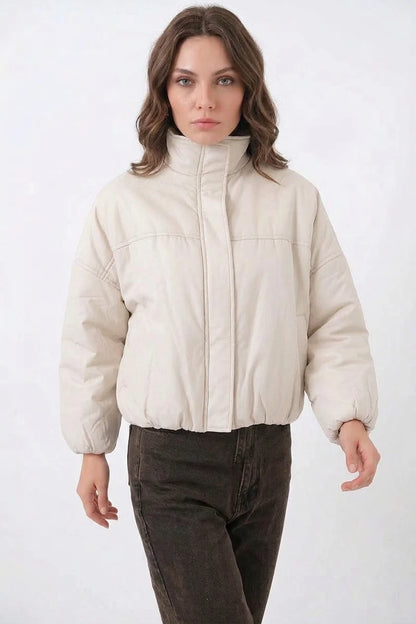 Kadın Yüksek Yaka Oversize Bomber Ekru Mont
