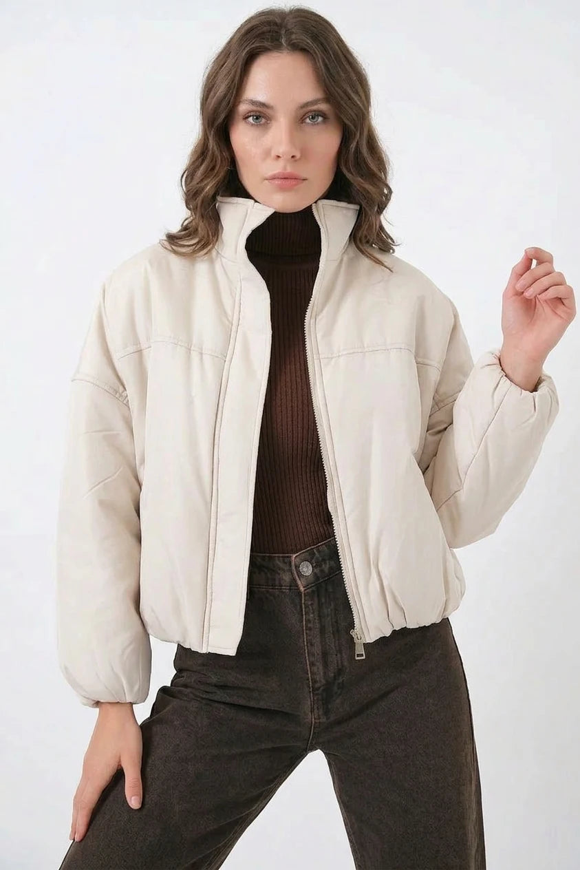 Kadın Yüksek Yaka Oversize Bomber Ekru Mont