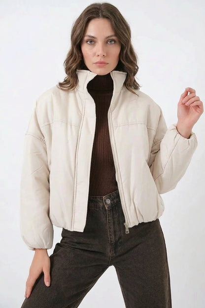 Kadın Yüksek Yaka Oversize Bomber Ekru Mont