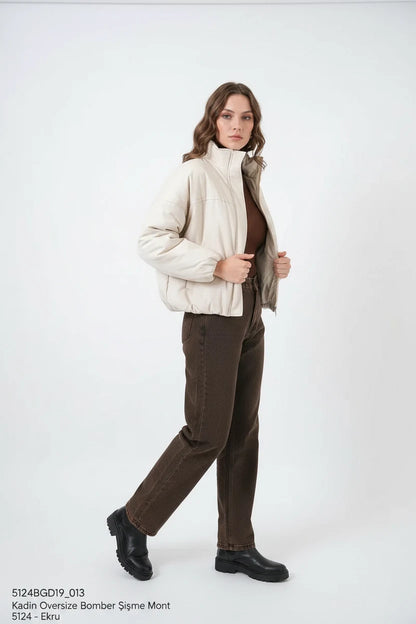 Kadın Yüksek Yaka Oversize Bomber Ekru Mont